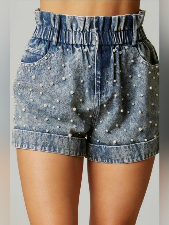 Fantastic Fawn Pants - NWT: Fantastic Fawn Pearled Denim Paper Bag Waist Shorts - Size Large